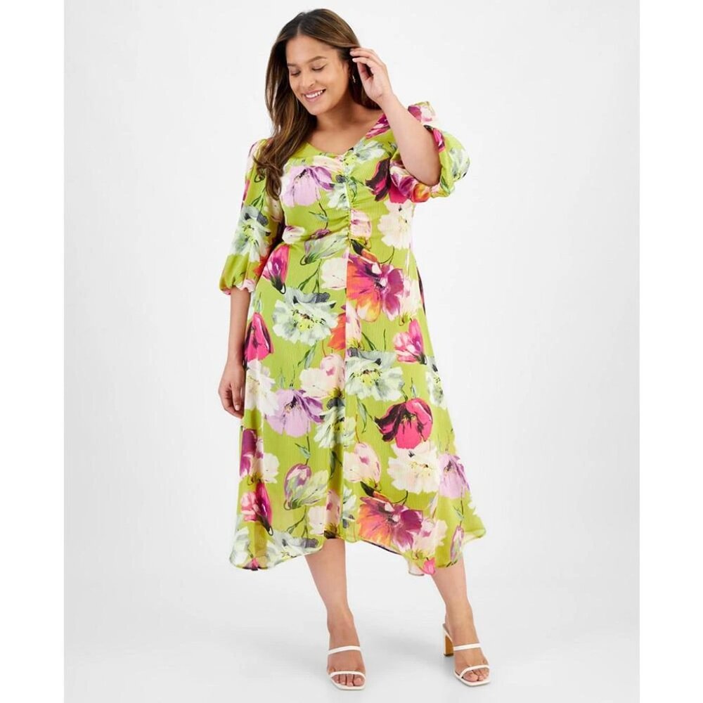 NWT Taylor Satin Floral Midi Dress 3/4 Sleeve V-Neck Green Women's Plus Size 16W